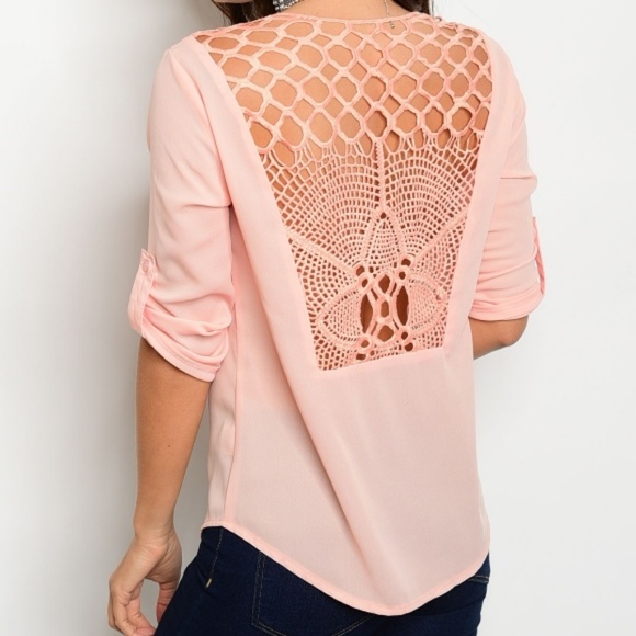 Tops - Peach Pink Lace Up Crochet Roll-Tab Blouse